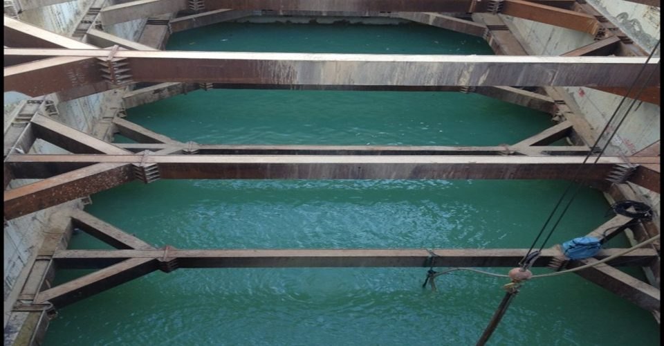Braced deep excavation retention system over water