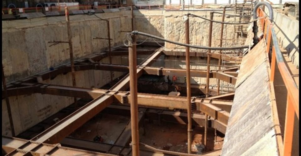 Timber shoring installed in a deep excavation